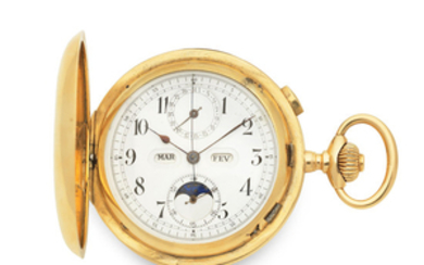 Schwab-Loeillet. An 18K gold keyless wind triple calendar minute repeating chronograph full hunter pocket watch with moon phase
