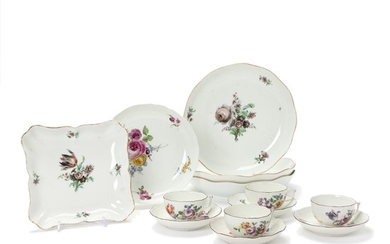 Three Meissen dishes and four-sided dish with manganese and green flowers, round dish, and four cups and four saucers with flowers. Germany 18th-19th century.