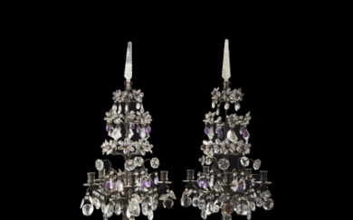 A pair of white metal girandoles with Rocca crystal, amethyst and quartz pendant drops. 19th century (h. cm 72) (defects)