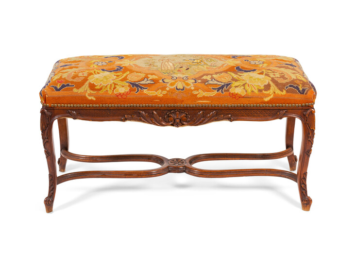A Louis XV Style Carved Beechwood Needlepoint Upholstered Window Bench