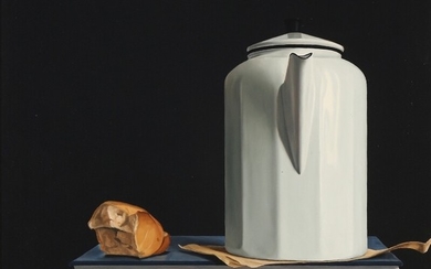 Dennis Møgelgaard: Still life with coffee pot. Signed DM 95. Oil on canvas. 49×52 cm.