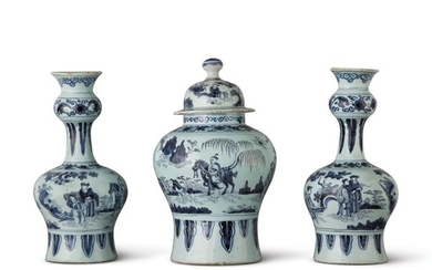 A PAIR OF DUTCH DELFT BLUE AND WHITE BOTTLE-SHAPED VASES AND A BALUSTER VASE AND COVER, CIRCA 1700 AND LATE 17TH CENTURY