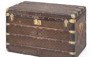 LOUIS VUITTON STEAMER TRUNK Exterior with all over LV monogram with beechwood slats, brass lock and handles and hardware.Interior fi...