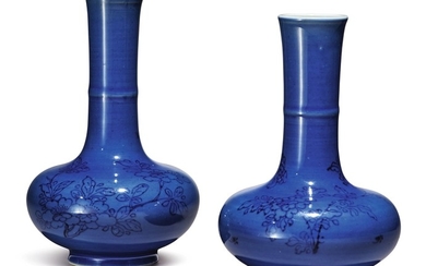 A PAIR OF UNDERGLAZE-BLUE-DECORATED BLUE-GLAZED 'FLORAL' BOTTLE VASES QING DYNASTY, KANGXI PERIOD