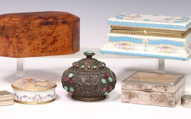 (7) COLLECTION OF SILVER, WOOD & PORCELAIN TABLE BOXES