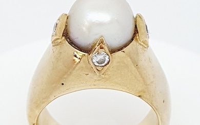 7.5mm - 18 kt. Yellow gold - Ring Akoya Pearl - Diamonds