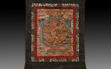 Chinese Sino-Tibetan painted brocade mounts silk Thangk