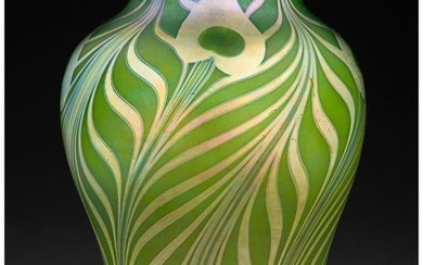 79045: Steuben Decorated Green Aurene Glass Peacock Fea