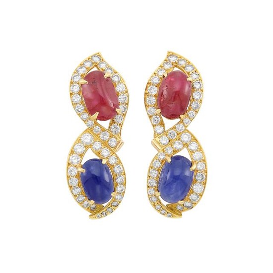 Pair of Gold, Cabochon Sapphire, Ruby and Diamond Earclips