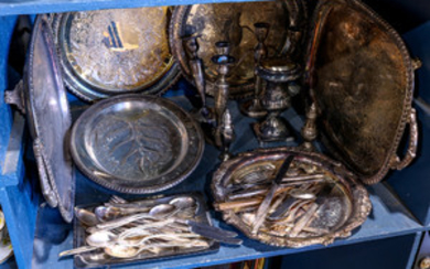 One bin of decorative art including silver plate table articles