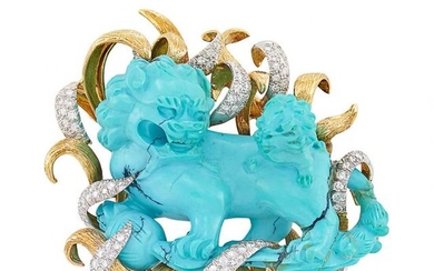 Gold, Platinum, Carved Turquoise and Diamond Fu Dog Clip-Brooch, David Webb