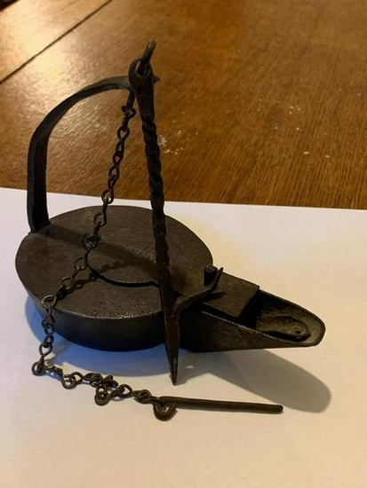 WROUGHT IRON BETTY OR FAT LAMP SIGNED