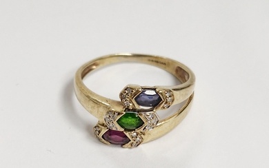 9ct gold, pink, green, blue stone and diamond triple crossov...