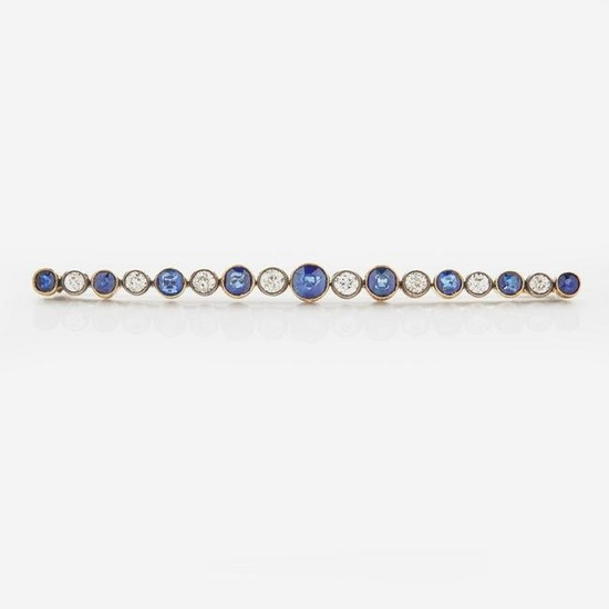 A 14K Yellow Gold, Diamond, and Sapphire Brooch
