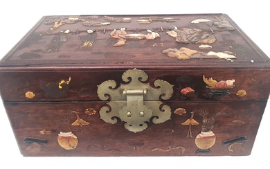 A 19TH CENTURY CHINESE CEDAR AND SEMI-PRECIOUS STONE AND IVORY INLAY CHEST