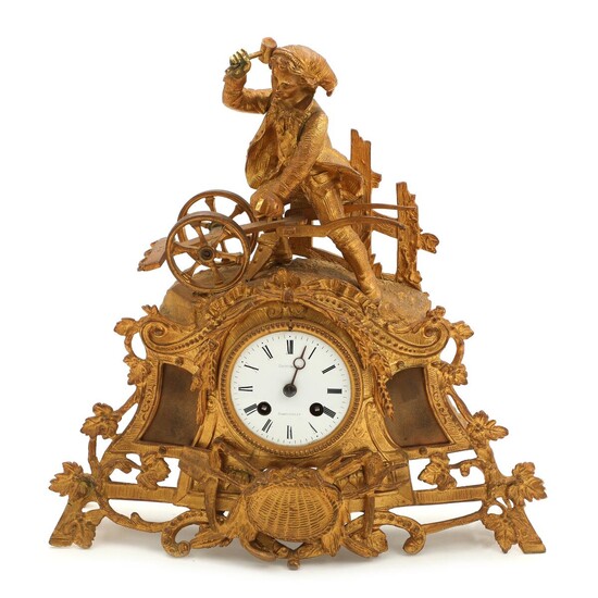 NOT SOLD. A 19th century French bronze colour metal mantel clock, surmounted by a farmer. Couturier Rambouillet. H. 35 cm. – Bruun Rasmussen Auctioneers of Fine Art