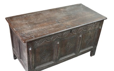 A 19th century coffer, with three panel front, raised upon s...