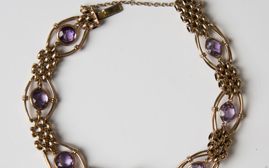 A 9ct gold and amethyst bracelet, collet set with seven circular cut amethysts within oval wirework