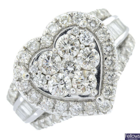 A 9ct gold brilliant-cut diamond heart-shape cluster ring, with vari-cut diamond sides.