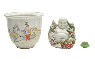 A CHINESE FAMILLE-ROSE JARDINIERE, FIGURE OF BUDDHA, AND A SMALL POT