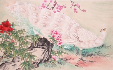 A CHINESE PEACOCK PAINTING ON PAPER, MOUNTED, TIAN SHIGUANG MARK