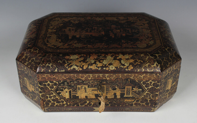 A Chinese Canton export lacquer work box, mid-19th century, the domed lid and sides decorated in gil