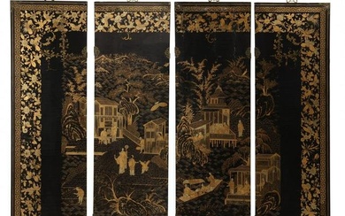 A Chinese Export Lacquer Gilt Four Panel Screen