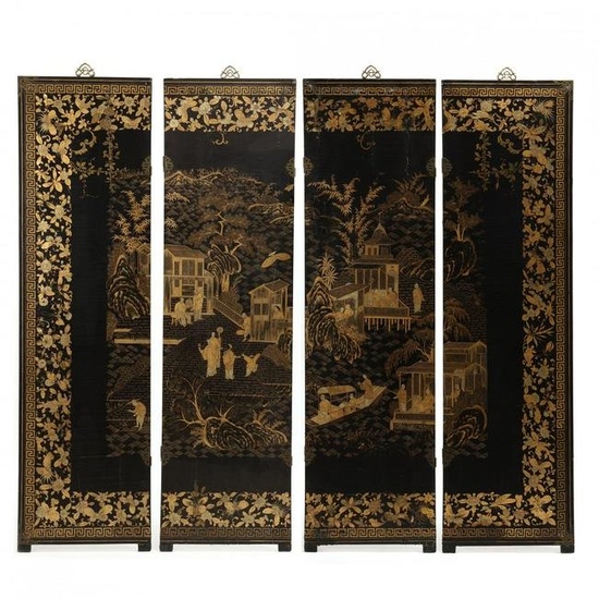 A Chinese Export Lacquer Gilt Four Panel Screen