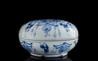 A Chinese blue and white 'dragon' and 'boys' lidded box, late 19th century