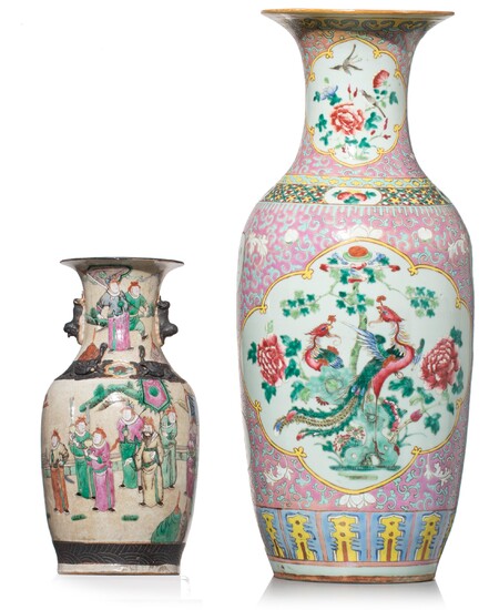 A Chinese famille rose vase and a Nanking stoneware vase, 19thC, H 34 - 58 cm