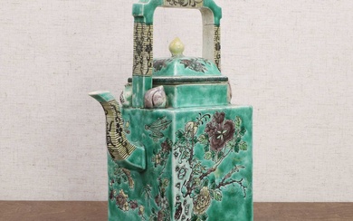 A Chinese famille verte biscuit teapot and cover