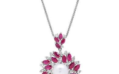 A Cultured Pearl, Ruby, Diamond and White Gold Pendant Necklace
