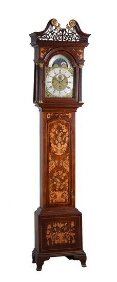 A DECORATIVE MAHOGANY AND FLORAL MARQUETRY QUARTER-CHIMING EIGHT-DAY LONGCASE CLOCK