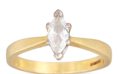 A DIAMOND SOLITAIRE RING, the marquise cut diamond mounted i...