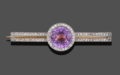 A Diamond and Pinkish-Purple Stone Bar Brooch, the round cut...