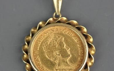 A Dutch ten guilder gold coin, dated 1912, in a yellow metal (tested minimum 9ct gold) mount.