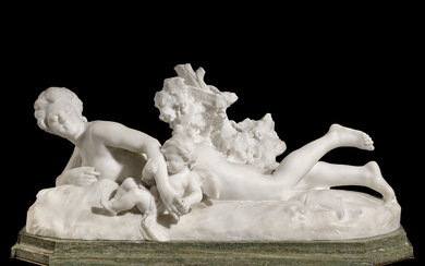 A FRENCH WHITE MARBLE GROUP OF VENUS AND CUPID BY...