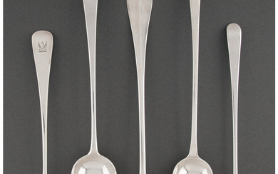 A Five-Piece Collection of English Silver Serving Spoons by Various Makers (late 18th century)
