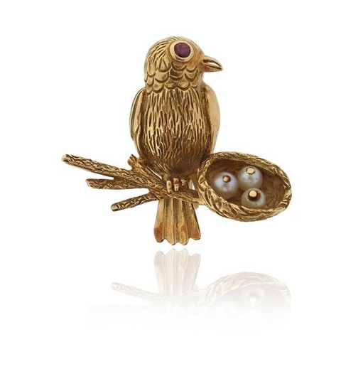 A French gold bird brooch, the bird set...