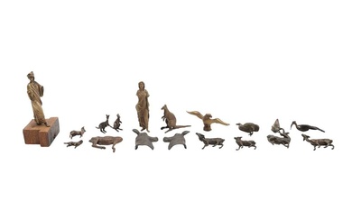 A GROUP OF BRONZE AND SPELTER ANIMALS AND CLASSICAL FIGURES