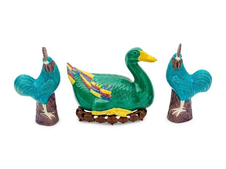 A Group of Chinese Porcelain Roosters and a Duck duck