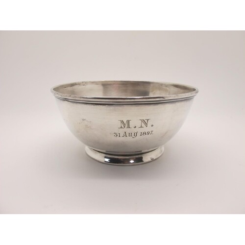 A Hallmarked Silver Bowl, MW, Sheffield 1897, engraved "M.N....