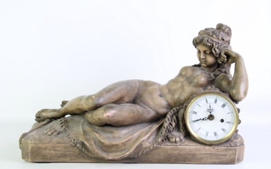 A Handpainted Potted Mantle Clock Featuring A Nude Lady Laying on A Lion (L 50cm H 32cm)