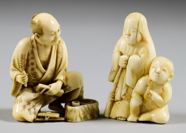 A Japanese Carved Ivory Netsuke of a Seated Male...