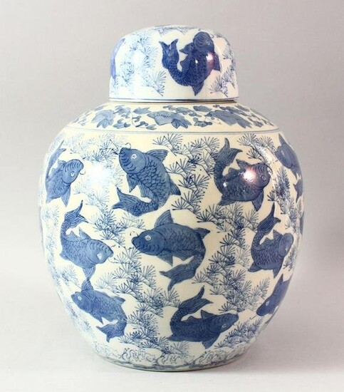 A LARGE CHINESE BLUE AND WHITE PORCELAIN JAR AND COVER
