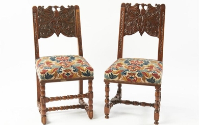 A MATCHED PAIR OF FRENCH BARONIAL CARVED TAPESTRY SIDE CHAIRS 19TH CENTURY AND LATER