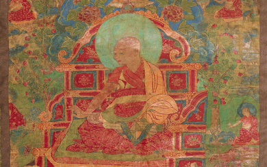 A PAINTING OF A LAMA ON A MEDITATION THRONE TIBET,...