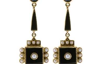 A PAIR OF 9CT GOLD ONYX AND SEED PEARL EARRINGS; drop earrings in the Victorian style set with onyx and seed pearls to post and butt...