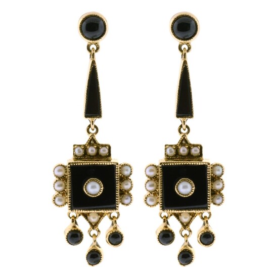 A PAIR OF 9CT GOLD ONYX AND SEED PEARL EARRINGS; drop earrings in the Victorian style set with onyx and seed pearls to post and butt...