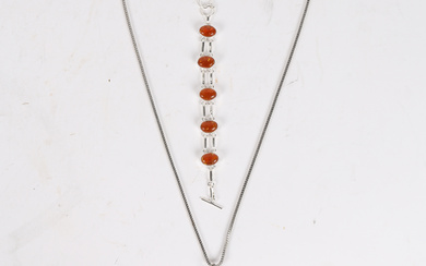 A PAIR OF AMBER STYLE AND SILVER BRACELET TOGETHER WITH AMBER STYLE PENDANT.